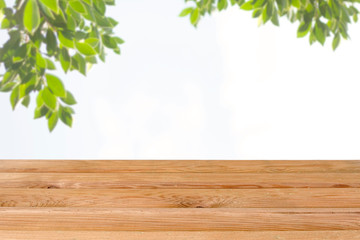 wooden table with green background