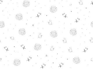 Cosmos, space, planets, stars seamless pattern. Space, univrse black and white sketch. Galaxies and stars cute doodle baby elements. Childish background. Hand drown design for kids Vector illustration