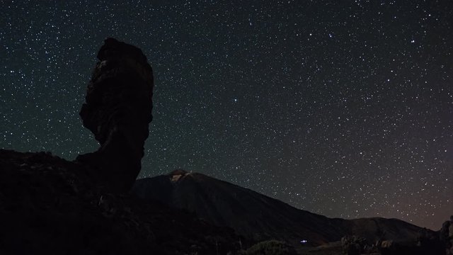 Time lapse of starry sky moving over Teide volcano and Los Roques de Garcia rocks, Teide National Park, Tenerife, Canary islands, Spain.