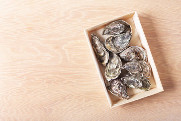 Closed oysters on wooden background. Healthy sea food. Copy space, top view