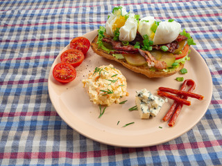 Toast with bacon, tomato ,pickle and boiled eggs