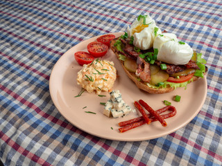 Toast with bacon, tomato ,pickle and boiled eggs