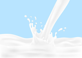 Abstract realistic pouring milk splash isolated on light blue background. vector illustration