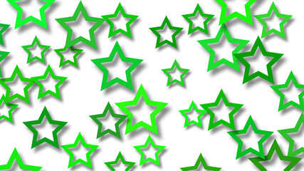 Abstract illustration of randomly arranged green stars with soft shadows on white background
