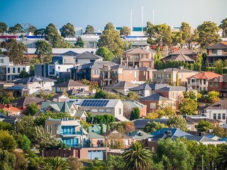 View of residential houses in Melbourne's suburb on a hill. City of Maribyrnong, VIC Australia.