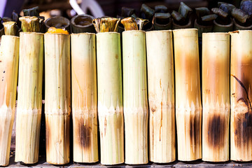 "Khao Lam" Thai dessert , coconut milk with sticky rice in bamboo