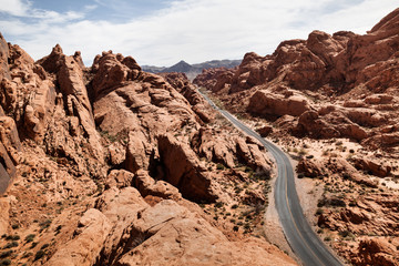 Upper view of road at stone desert at Valley of Fire State Park in Southern Nevada