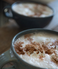 two big mugs of a hot foamy drink covered in whip cream and cinnamon