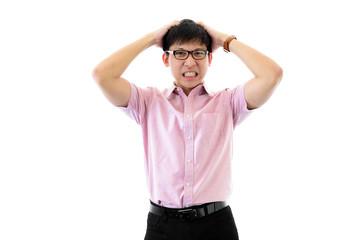 Fototapeta premium Asian young businessman has standing with upset on isolated on wihte background.