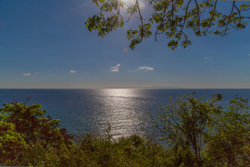 Blue sea with sun reflections white clouds and a blue sky with green fore ground trees a tranquil...