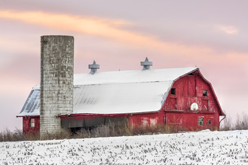 Winter Barn at Sundown - Barn and Silo at Sunset with Basketball Hoop and Snow © Kenneth Keifer