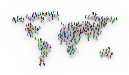 3d colorful people standing on world map