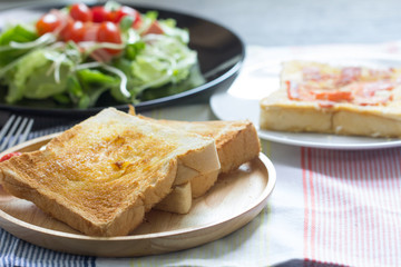 Breakfast, toast and vegetable salad with fruit