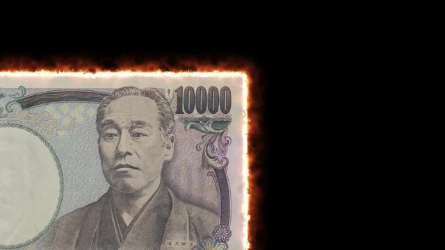 炎上するお金（一万円）のイメージCG