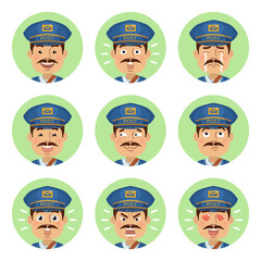 Set of postman emoticons. Mailman avatars showing different emotions. Happy, smile, sad, cry, angry, love, surprised, upset, laugh and other facial expressions. Flat style vector illustration