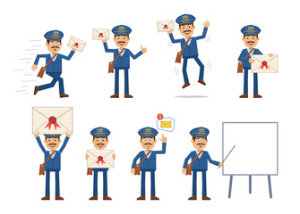 Set of postman characters posing in different situations. Cheerful mailman running, jumping, pointing up, holding letter, mail, email, pointing to whiteboard. Flat style vector illustration