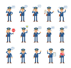 Big set of postman characters showing diverse actions, gestures, emotions. Cheerful mailman talking on phone, holding stop sing, document, book and doing other actions. Simple vector illustration