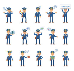Naklejka premium Big set of postman characters showing different actions, gestures, emotions. Cheerful mailman singing, sleeping, holding banner, loudspeaker, map and doing other actions. Flat vector illustration