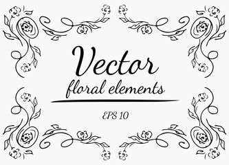 Wreath of roses flowers branch on a gray background. Hand drawn vector illustration. Vector floral elements.