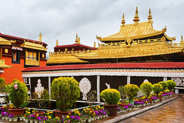 Tibet, Lhasa, the first Buddhist temple Jokang in rainy weather