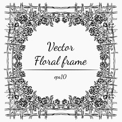 Vector Illustration Of Abstract Frame of Rose or Peonies Flowers With Fence on Gray Background. Hand Drawn Sketch of a Flowers. Floral Frame Design Elements For Invitations, Greeting Cards, Posters.