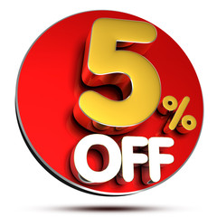 5 Percant off 3D rendering on white background.(with Clipping Path).