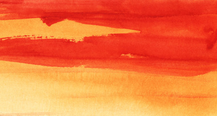Abstract watercolor background. Gradient fill from saturated orange to white. Top bright red spots. Drawn hands on paper with texture.