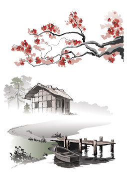 The hut by the lake. Sakura, a wooden pier and a fishing hut. Vector illustration.