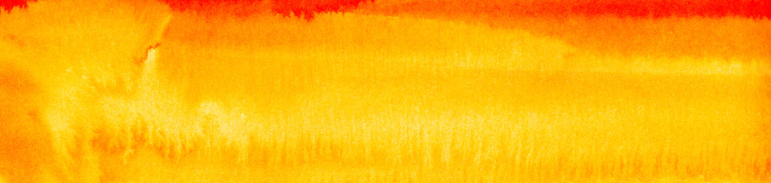 Abstract Watercolor Background. Gradient Fill In Damp From Saturated Red-orange To Yellow Color. The Effect Of The Current Paint. Drawn Hands On Paper With Texture.