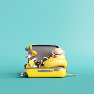 Yellow suitcase with traveler accessories on blue background. summer travel concept. 3d rendering