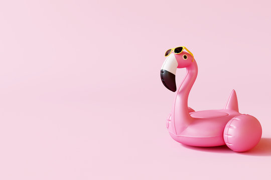 Flamingo float with sunglasses on pastel pink background. Summer minimal concept. 3d rendering