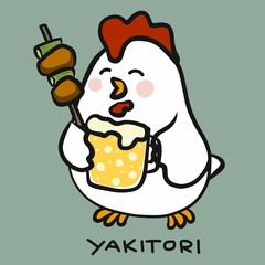 Japanese food Yakitori chicken with beer cartoon vector illustration doodle style