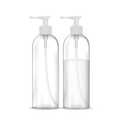 Cosmetic plastic bottle with white dispenser pump (transparent). Liquid container for gel, lotion, cream, shampoo, bath foam. Beauty product package, vector illustration.