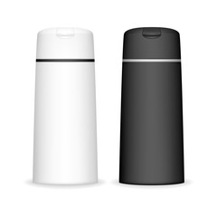 Shampoo bottle isolated on white background. Cosmetic container for liquid, lotion, bath foam. Beauty product package, vector illustration.