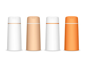 Shampoo bottle isolated on white background. Cosmetic container for liquid, lotion, bath foam. Beauty product package, vector illustration.