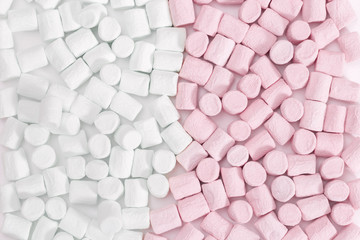 Marshmallow pattern background. Marshmallow Pink and White Pastel Colors,  sweet food. Top view.