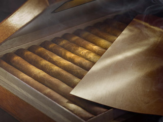 close up view of box of  cuban hand made cigars in wooden humidor