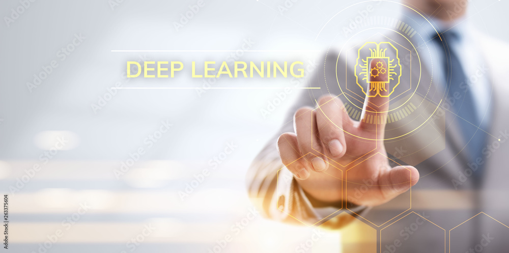 Poster deep machine learning artificial intelligence technology concept. businessman pointing on screen.