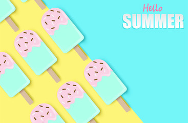 Hello Summer background.Top view ice cream on colorful pastel background. Vector.