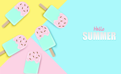 Hello Summer background.Top view ice cream on colorful pastel background. Vector.