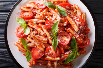 Italian cuisine, classic pasta recipe with tomato sauce, parmesan cheese and basil close-up on a plate. horizontal top view