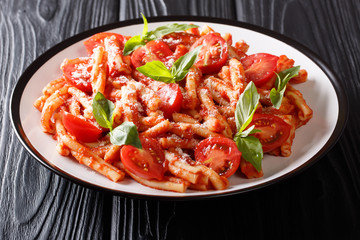 Portion of tasty Casarecce pasta with tomato sauce, cheese and basil close-up on a plate. horizontal