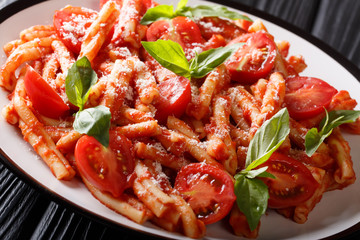 Traditional Italian pasta Casarecce with tomato sauce, parmesan cheese and basil closeup on a plate. horizontal