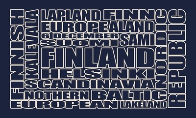 Finland theme relative words cloud. Outline text
