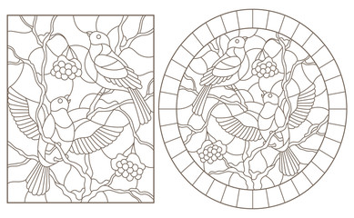A set of contour illustrations of stained glass Windows with bullfinches sitting on the branches of snow-covered mountain ash, dark contours on a white background