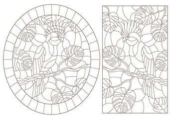 A set of contour illustrations of stained glass Windows with cockatoos parrots sitting on the branches of tropical trees, dark contours on a white background