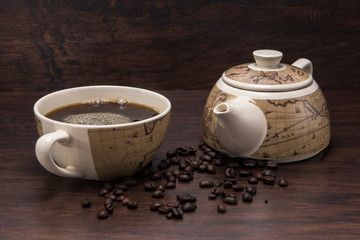Coffe Cup with Black Coffe and Coffee Pot with Coffee Beans