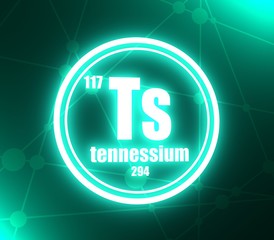 Tennessium chemical element. Sign with atomic number and atomic weight. Chemical element of periodic table. Molecule and communication background. Connected lines with dots. 3D rendering