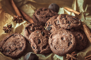 chocolate chip cookies with chocolate. Chocolate chip cookies. Dark food photography. - Image.