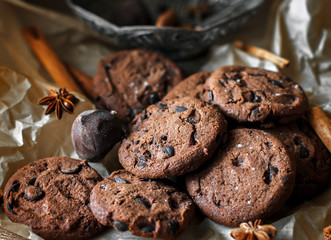 chocolate chip cookies with chocolate. Chocolate chip cookies. Dark food photography. - Image.